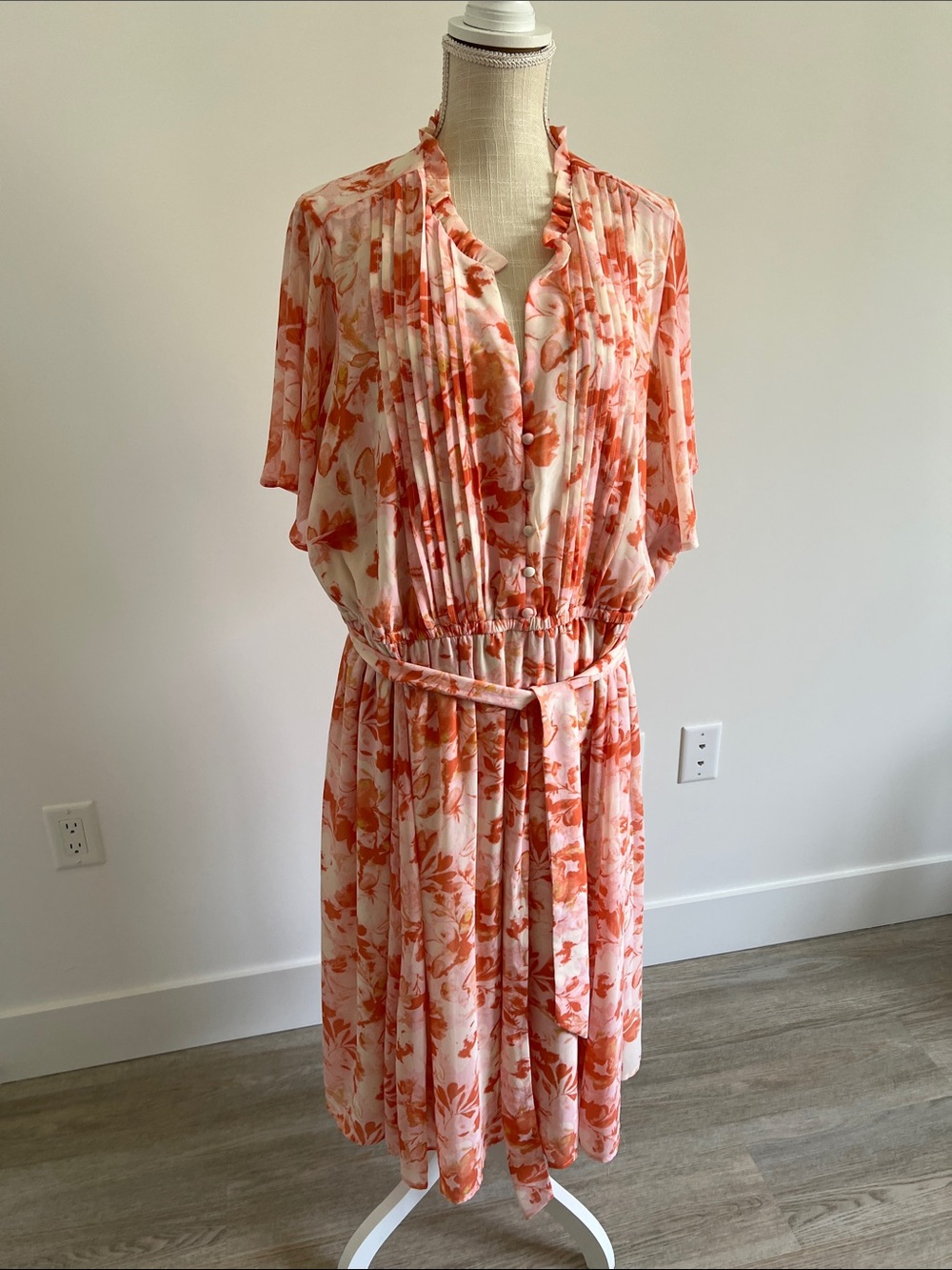 Floral Orange Pink Belted Midi Dress